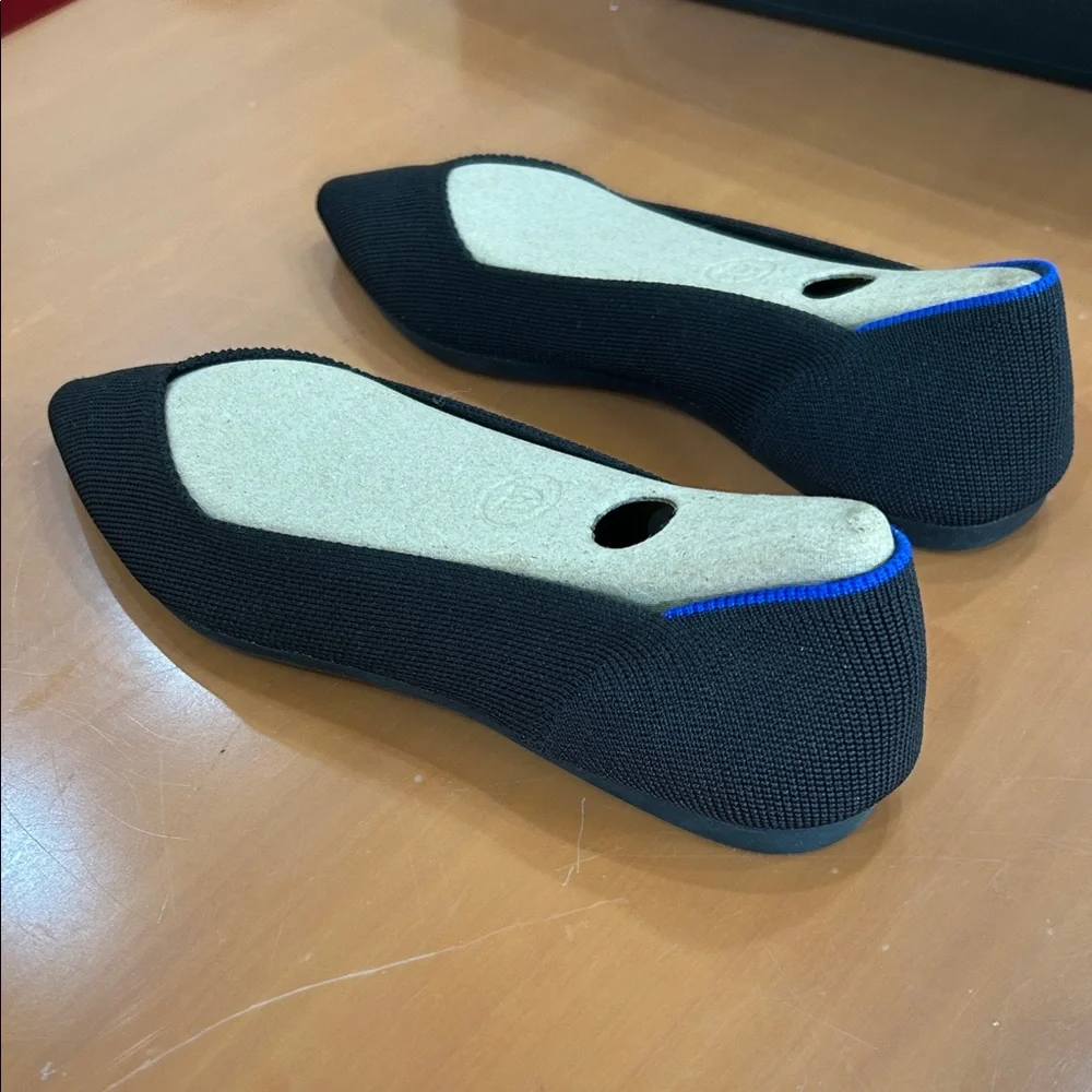 Rothy's Black Pointed Knit Flats with Blue Trim